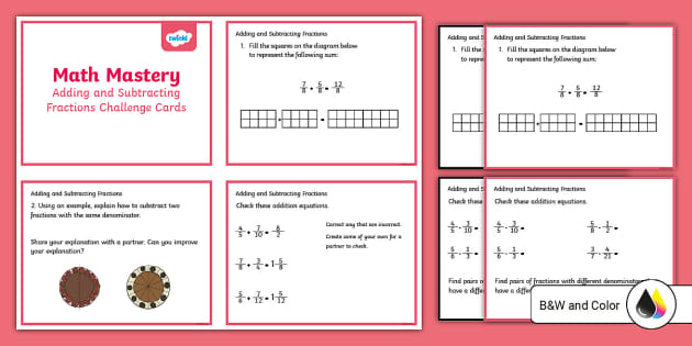 Adding and Subtracting Fractions Challenge Cards for 3rd-5th Grade