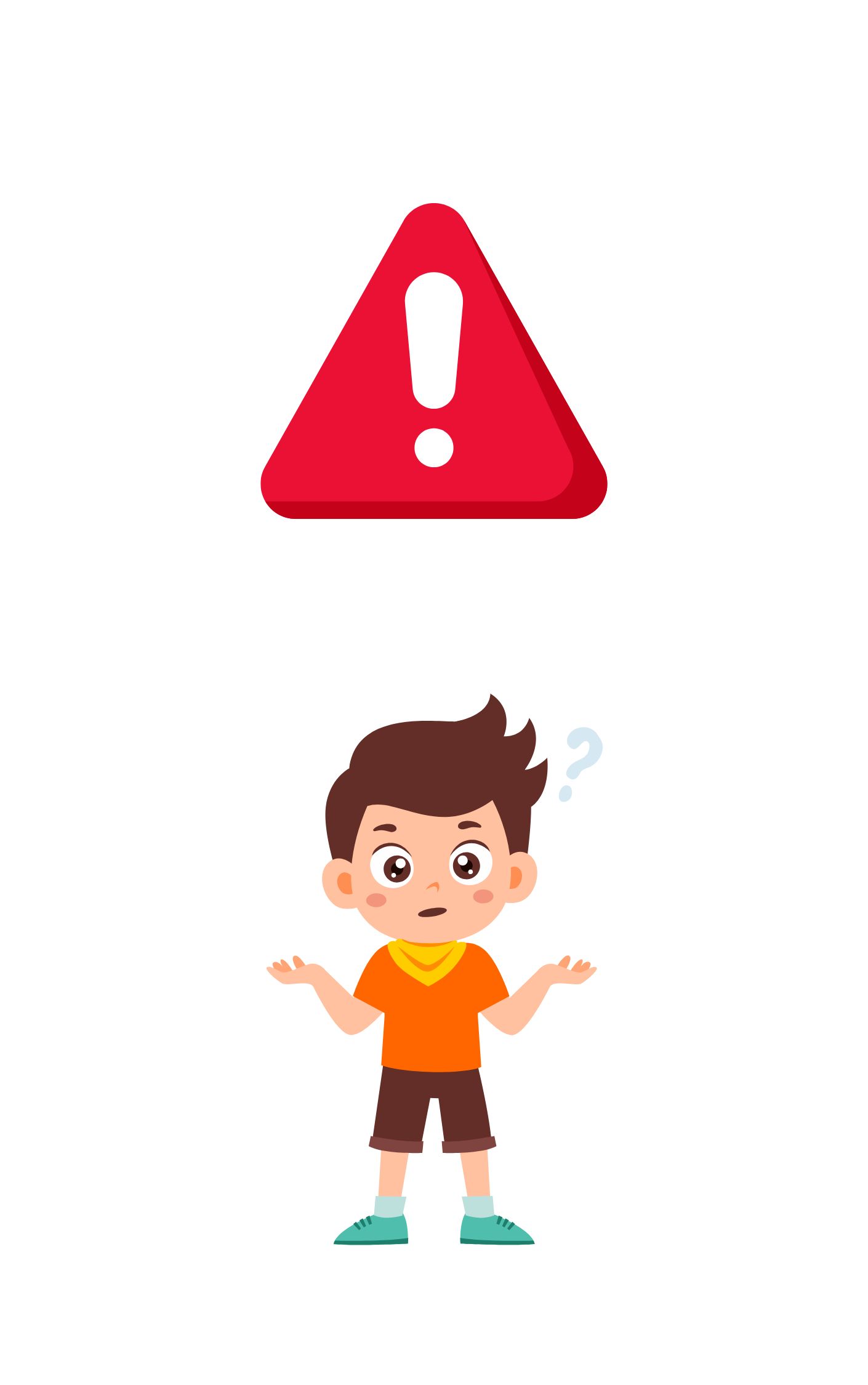 A confused cartoon boy with a question mark above his head stands below a red warning triangle, symbolizing the importance of telling an adult if something online seems strange or scary.