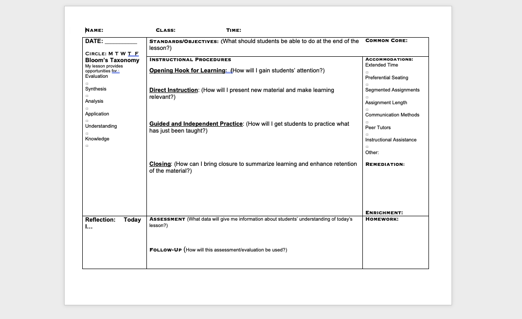 Lesson Plan Template for Middle School